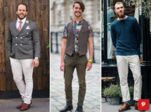 trois exemples de chinos portés avec des derbies