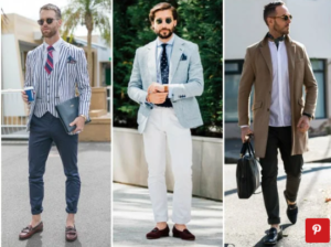 trois exemples de chinos portés avec des mocassins