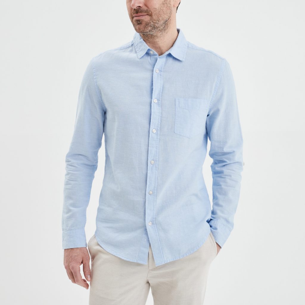 chemise bleue homme unie manche longue en lin