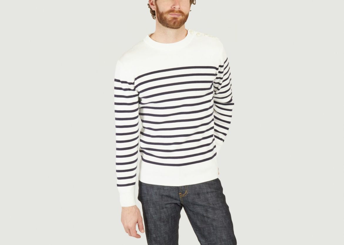 pull marin homme blanc et bleu